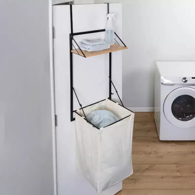 Laundry Shelf and Hamper Combo with Light Oak Wood Finish