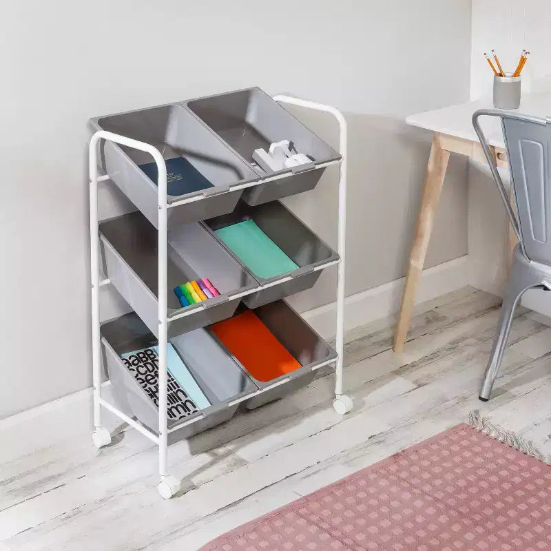 6-Bin Steel Rolling Utility Storage Cart Fade-Resistant in Gray 34 Inch Height