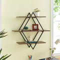 3-Tier Antigua Crossed Double Diamond Wall Shelf Unit in Black and Rustic with Iron Frame