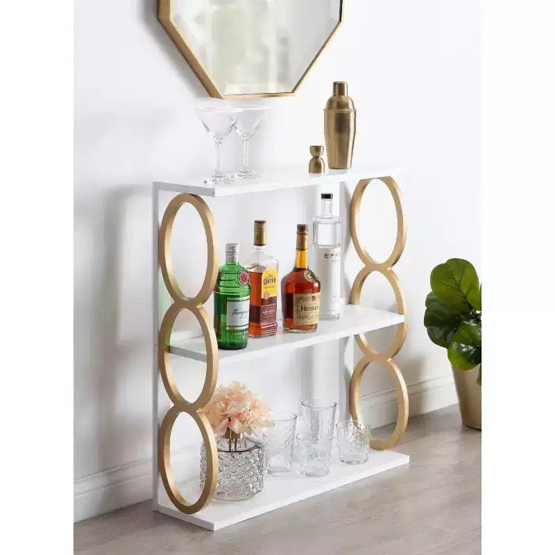 28x8x31 Inch Ring Wooden 3-Tier Floating Wall Shelf in White Mid-Century Storage Display