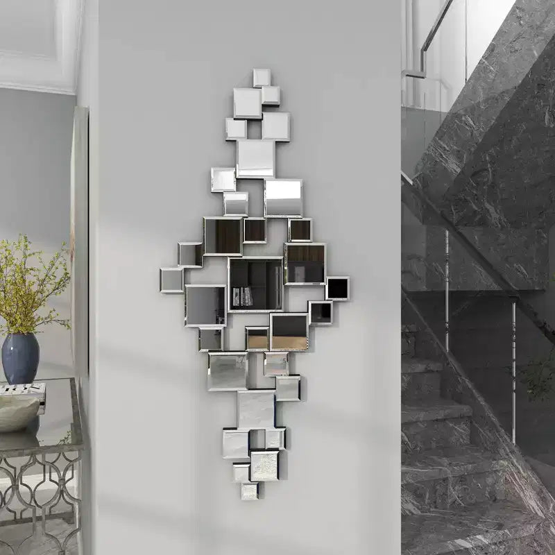 48x21 Inch Glass Geometric Room Wall Mirror with Square Mirror Panels in Silver