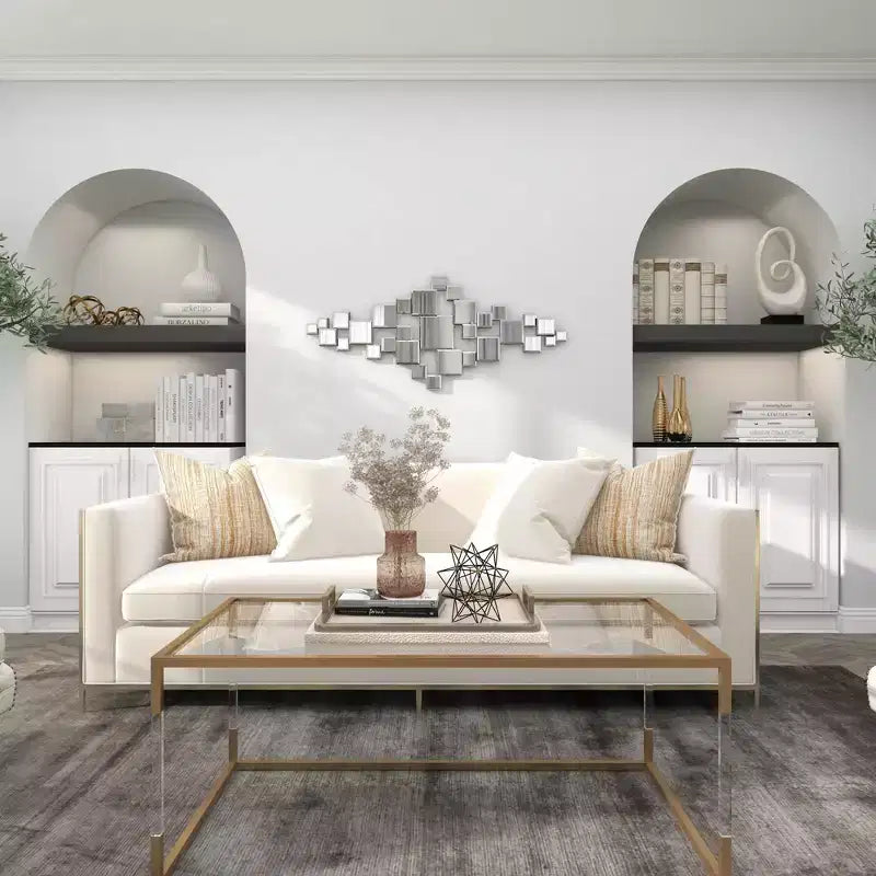 48x21 Inch Glass Geometric Room Wall Mirror with Square Mirror Panels in Silver