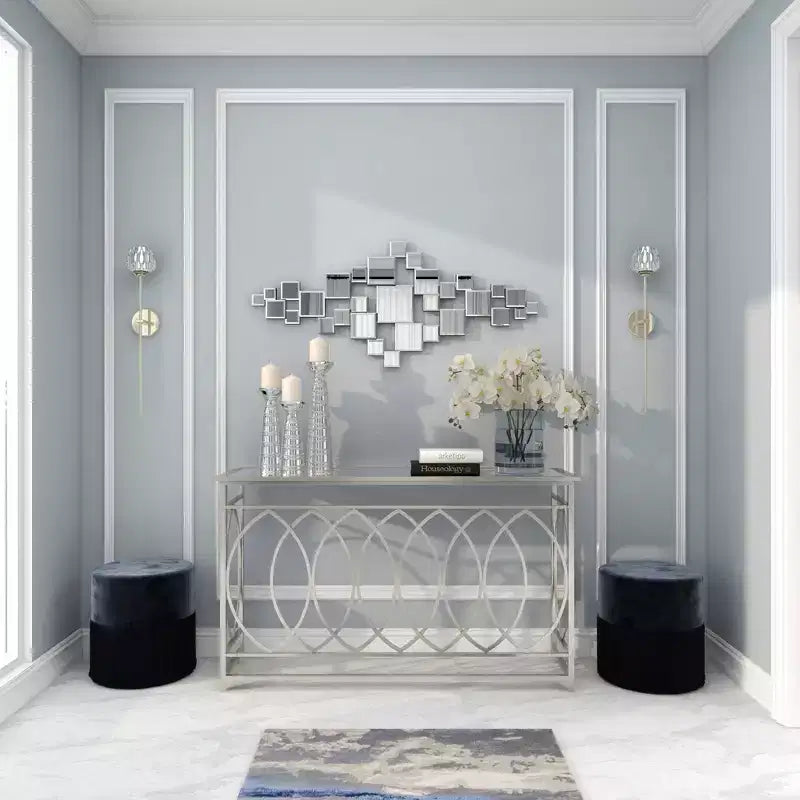 48x21 Inch Glass Geometric Room Wall Mirror with Square Mirror Panels in Silver