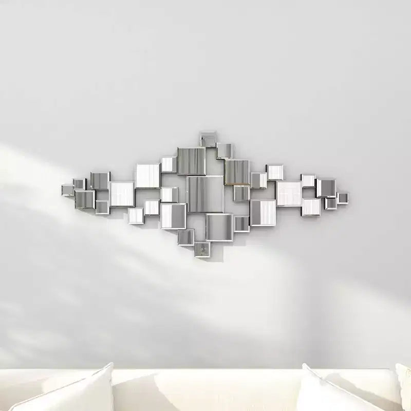 48x21 Inch Glass Geometric Room Wall Mirror with Square Mirror Panels in Silver