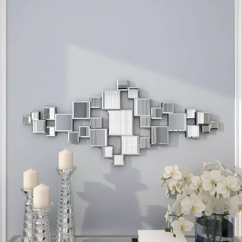 48x21 Inch Glass Geometric Room Wall Mirror with Square Mirror Panels in Silver