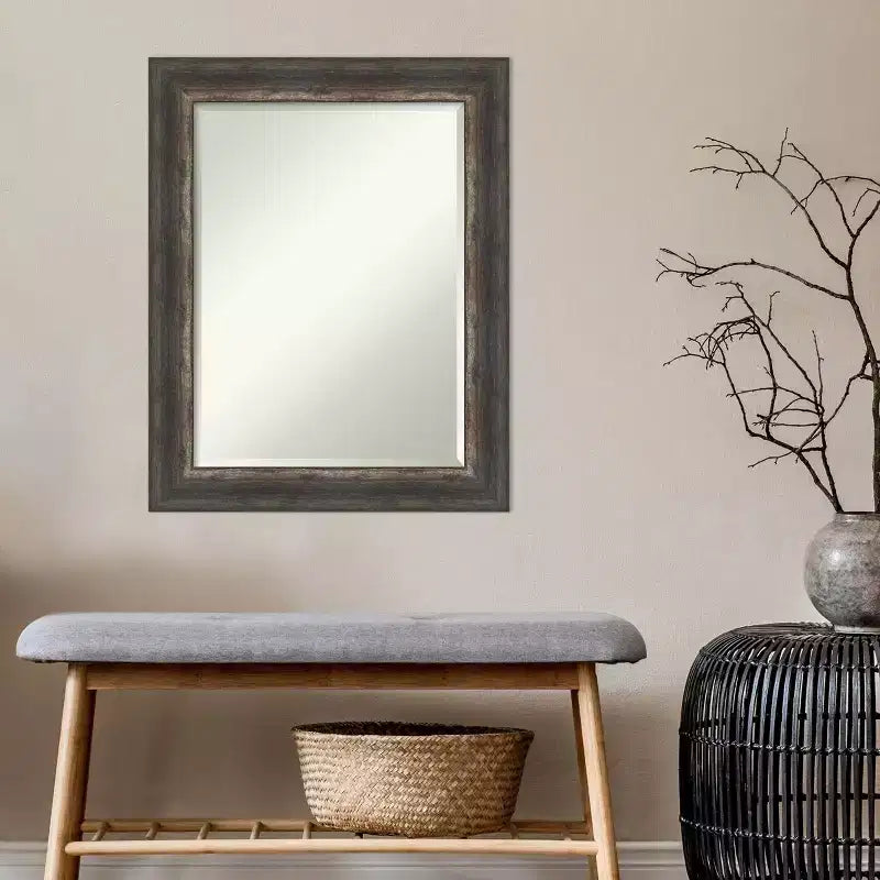 23" x 29" Bark Rustic Char Framed Wall Mirror Brown - Amanti Art: Modern Beveled Glass, No Assembly Required