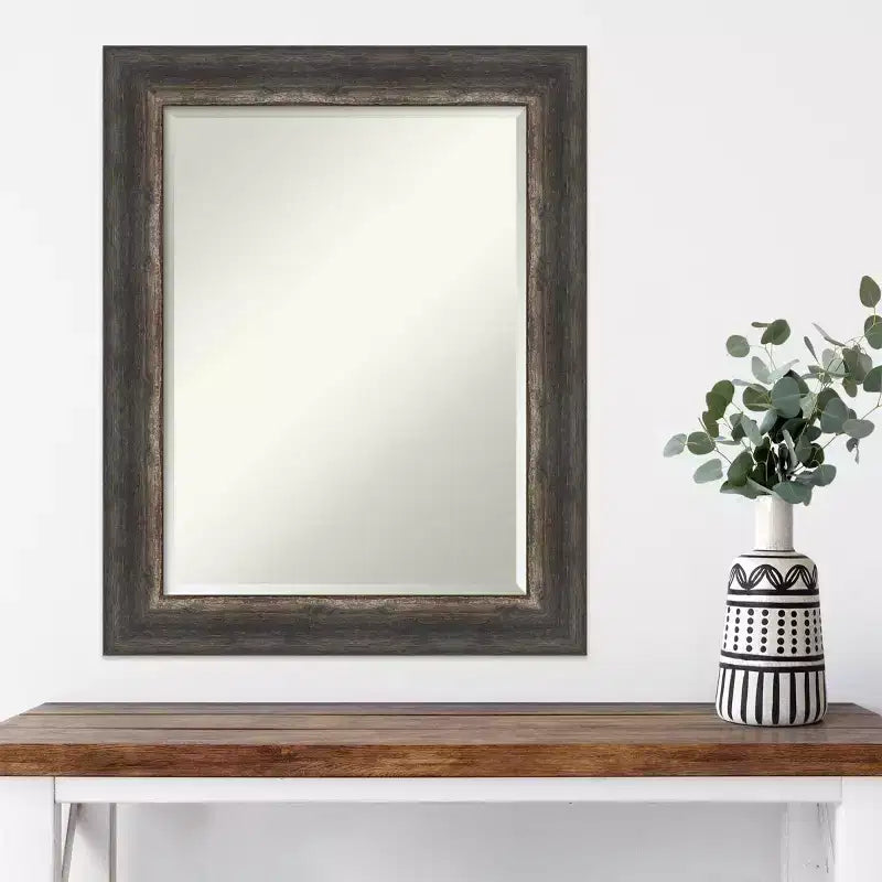 23x29 Inch Bark Rustic Char Framed Wall Mirror in Brown with Modern Beveled Glass