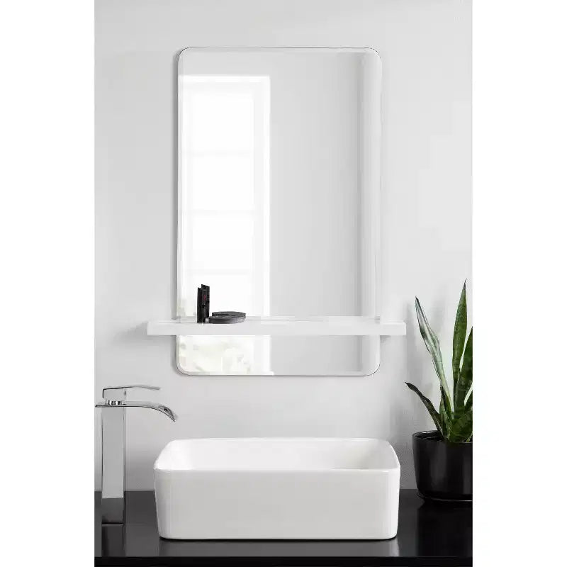 22x30 Inch Frameless Bathroom Vanity Wall Mirror with Shelf in White Mid-Century Style