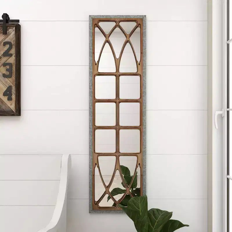 Farmhouse Wood Window Pane Inspired Wall Mirror in Brown Rustic Rectangular No Assembly