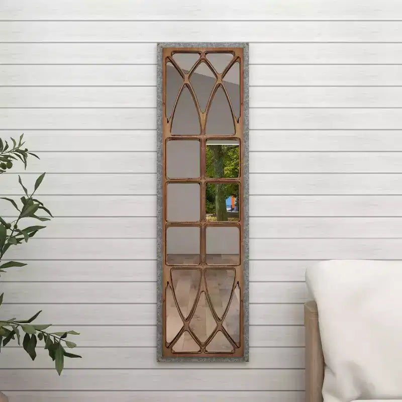 Farmhouse Wood Window Pane Inspired Wall Mirror in Brown Rustic Rectangular No Assembly