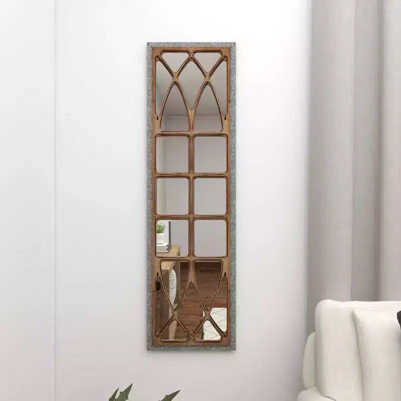Farmhouse Wood Window Pane Inspired Wall Mirror in Brown Rustic Rectangular No Assembly