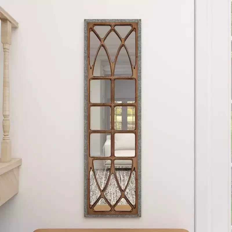 Farmhouse Wood Window Pane Inspired Wall Mirror in Brown Rustic Rectangular No Assembly