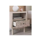 Table de chevet enfant 1 tiroir avec port de charge USB, en chêne clair avec tiroir à motifs floraux