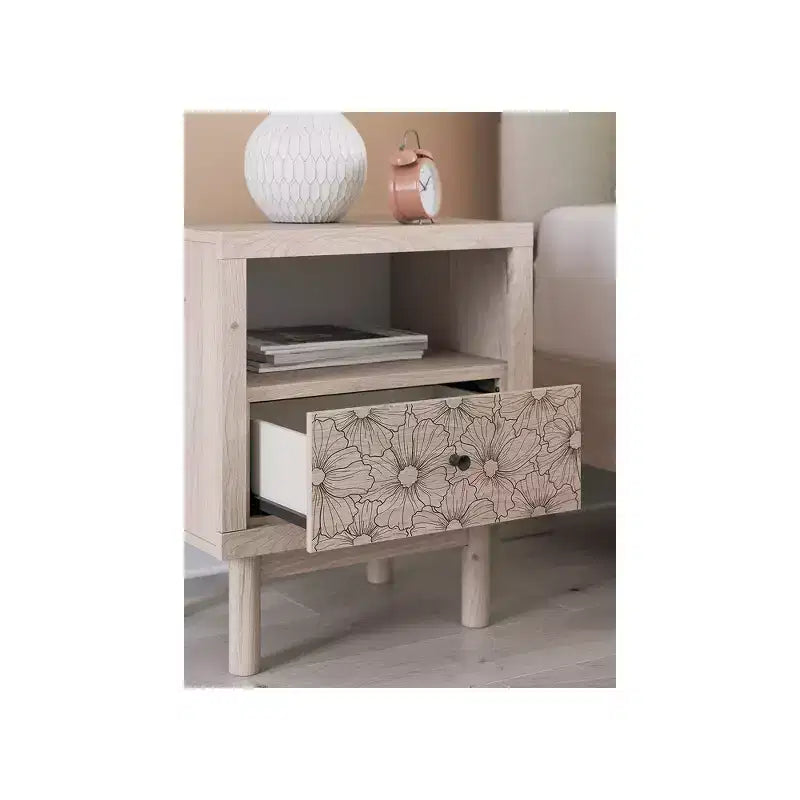 1-Drawer Kids Nightstand with USB Charging Port in Light Oak with Floral Accent Drawer
