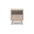 Table de chevet enfant 1 tiroir avec port de charge USB, en chêne clair avec tiroir à motifs floraux