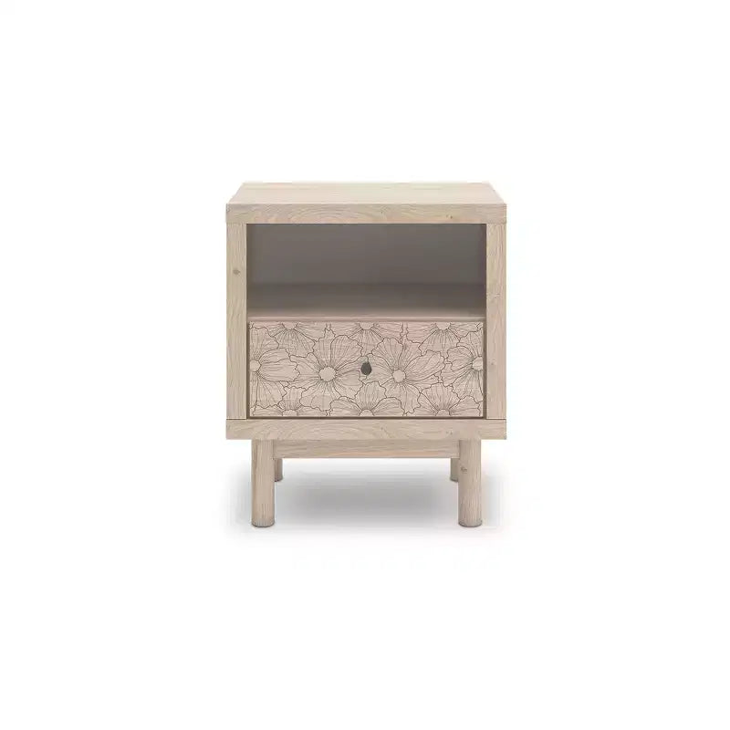 1-Drawer Kids Nightstand with USB Charging Port in Light Oak with Floral Accent Drawer