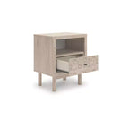 Table de chevet enfant 1 tiroir avec port de charge USB, en chêne clair avec tiroir à motifs floraux