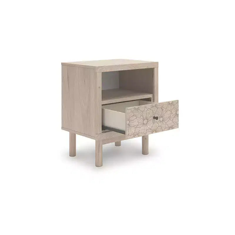 1-Drawer Kids Nightstand with USB Charging Port in Light Oak with Floral Accent Drawer
