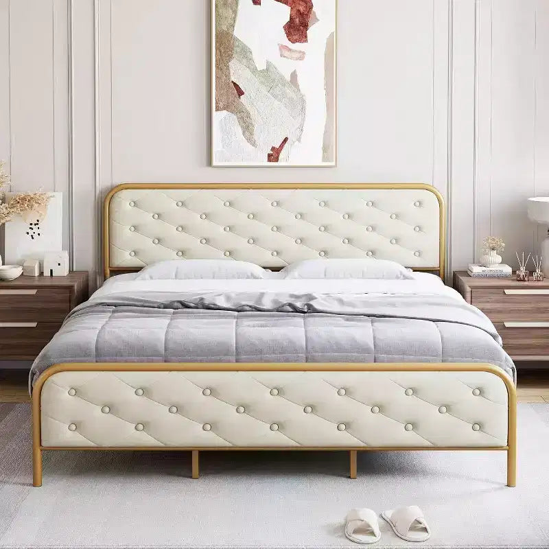 King Size Velvet Platform Bed Frame with Button Tufted Curved Headboard and Gold Metal Frame