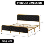 Cadre de lit plateforme King Size en velours avec tête de lit incurvée capitonnée et cadre en métal doré