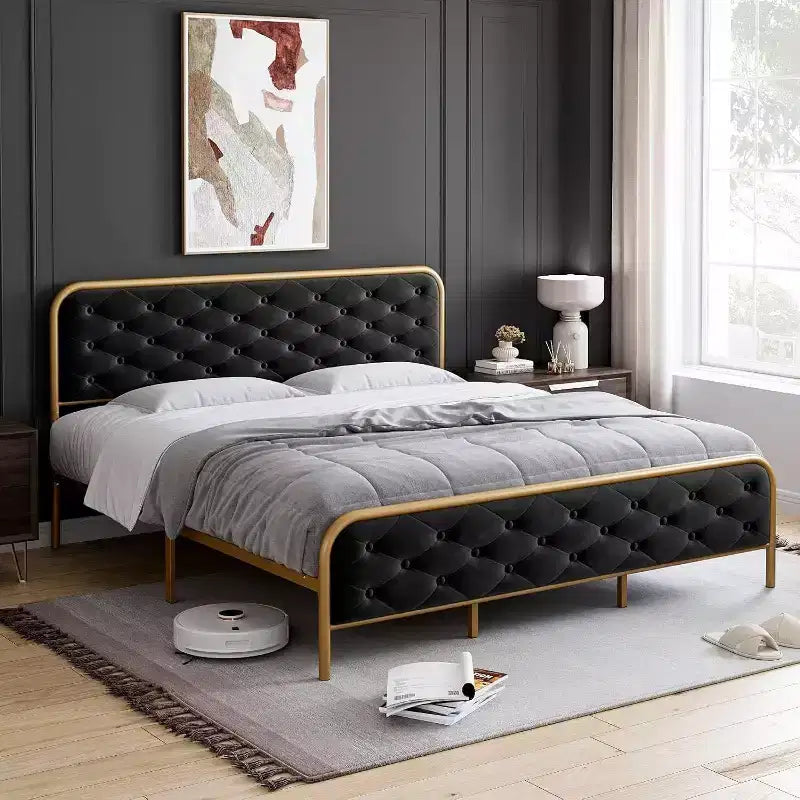 King Size Velvet Platform Bed Frame with Button Tufted Curved Headboard and Gold Metal Frame