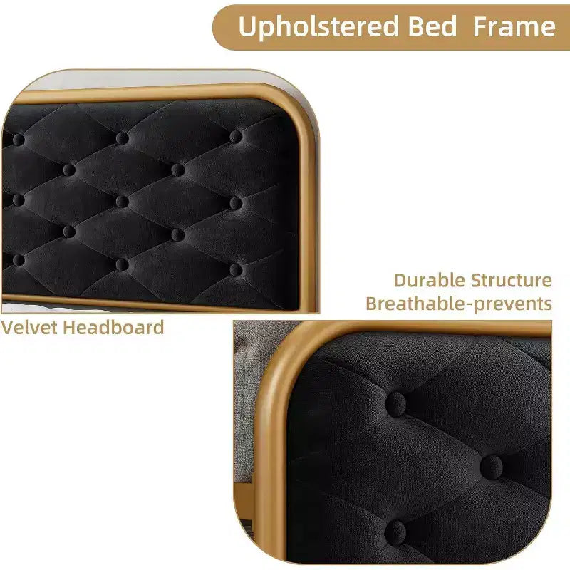 King Size Velvet Platform Bed Frame with Button Tufted Curved Headboard and Gold Metal Frame