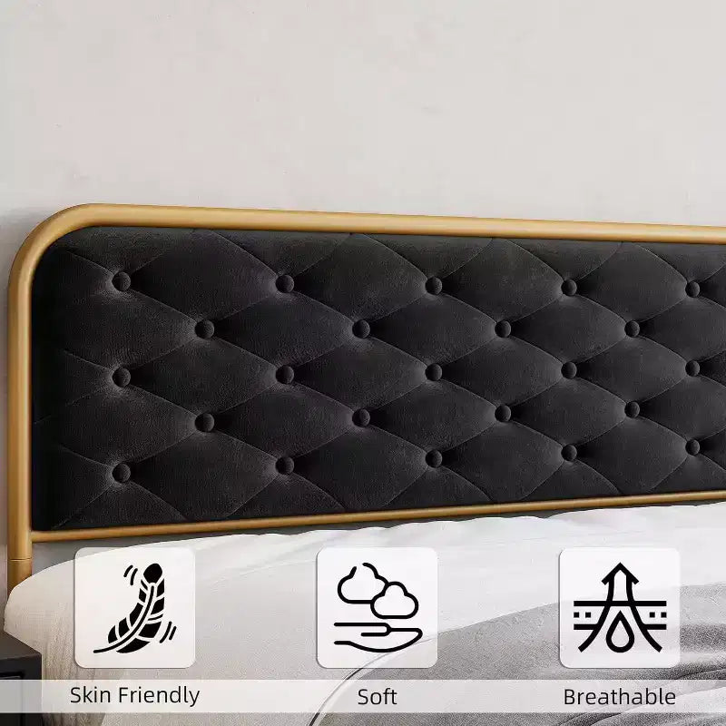 King Size Velvet Platform Bed Frame with Button Tufted Curved Headboard and Gold Metal Frame