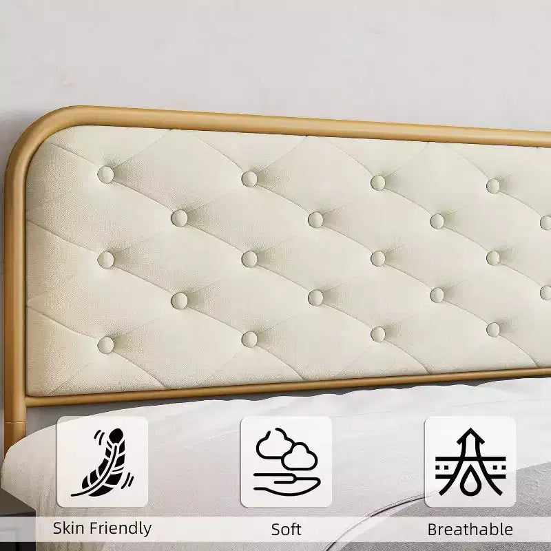 King Size Velvet Platform Bed Frame with Button Tufted Curved Headboard and Gold Metal Frame