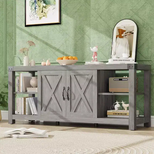Meuble TV de ferme de 152 cm pour téléviseurs de 165 cm avec étagères et portes