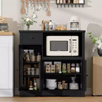 Buffet de cuisine moderne pour micro-ondes avec portes vitrées, étagère réglable, tiroirs de rangement et large plateau.