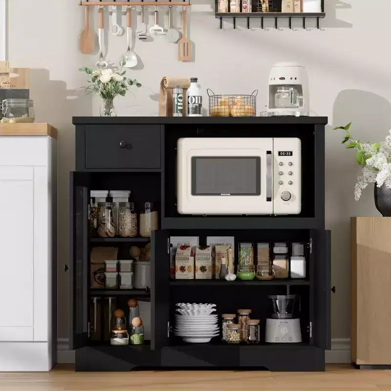 Modern Microwave Cabinet Buffet with Glass Doors Adjustable Shelf Storage Drawers and Wide Top