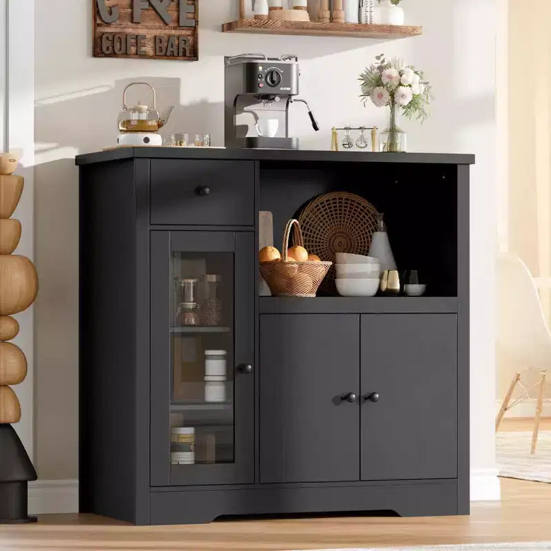Modern Microwave Cabinet Buffet with Glass Doors Adjustable Shelf Storage Drawers and Wide Top