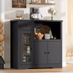 Buffet de cuisine moderne pour micro-ondes avec portes vitrées, étagère réglable, tiroirs de rangement et large plateau.