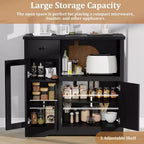 Buffet de cuisine moderne pour micro-ondes avec portes vitrées, étagère réglable, tiroirs de rangement et large plateau.