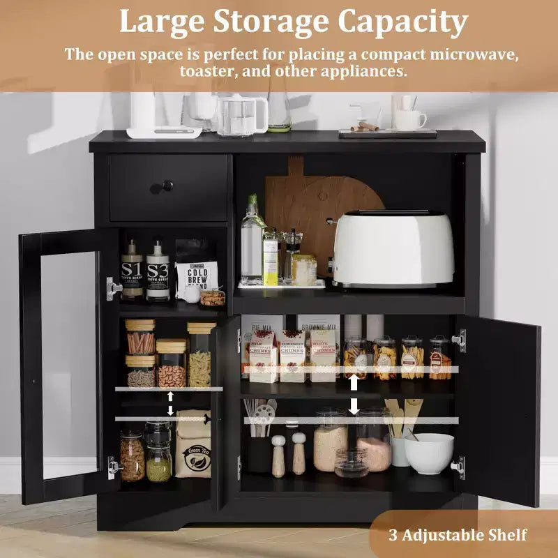 Modern Microwave Cabinet Buffet with Glass Doors Adjustable Shelf Storage Drawers and Wide Top