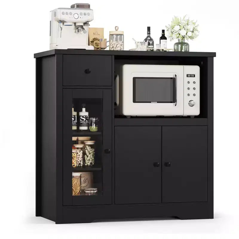 Modern Microwave Cabinet Buffet with Glass Doors Adjustable Shelf Storage Drawers and Wide Top