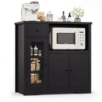 Buffet de cuisine moderne pour micro-ondes avec portes vitrées, étagère réglable, tiroirs de rangement et large plateau.