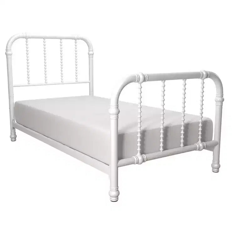 Jenny Lind Style Vintage Twin Metal Bed Frame in White with Classic Spindle Design