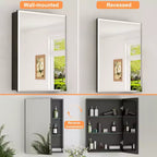 Armoire à pharmacie de salle de bain avec miroir biseauté, encastrée ou murale, et étagères réglables en verre trempé, noire