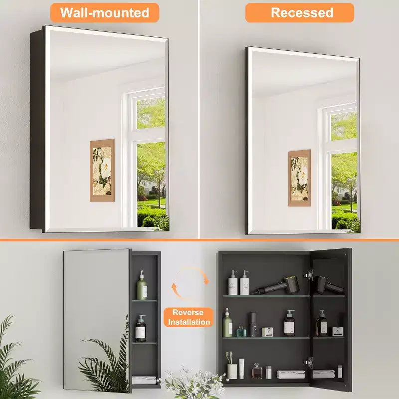 Bathroom Medicine Cabinet with Beveled Mirror Recessed or Wall Mount and Adjustable Tempered Glass Shelves in Black