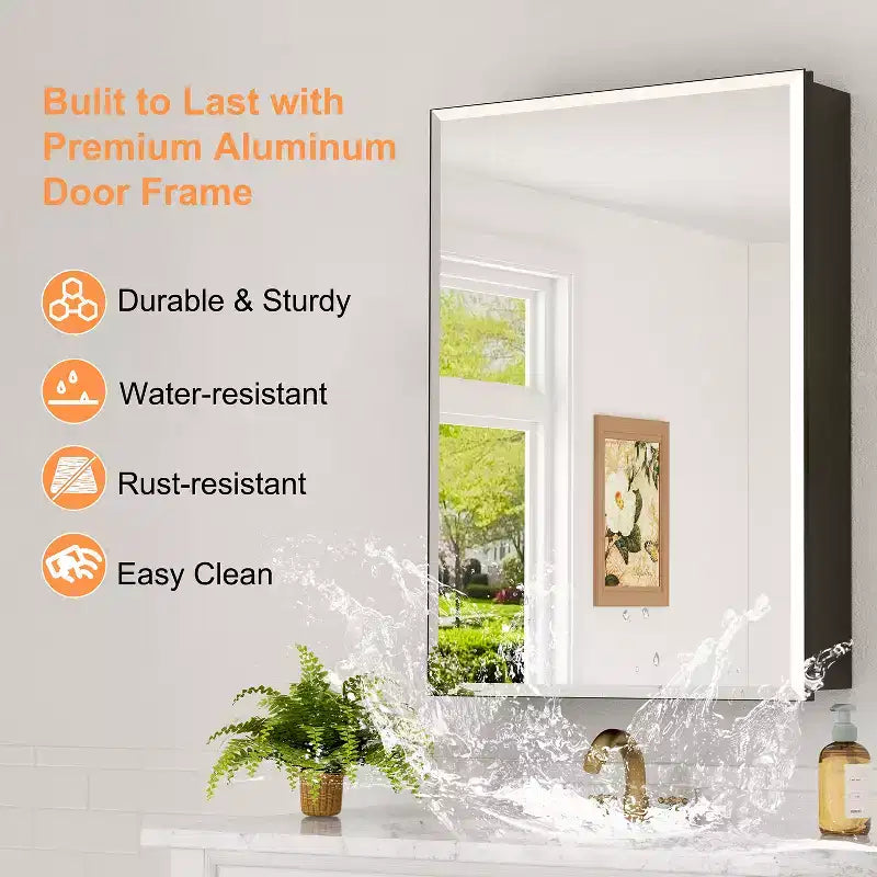 Bathroom Medicine Cabinet with Beveled Mirror Recessed or Wall Mount and Adjustable Tempered Glass Shelves in Black