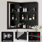 Armoire à pharmacie de salle de bain avec miroir biseauté, encastrée ou murale, et étagères réglables en verre trempé, noire