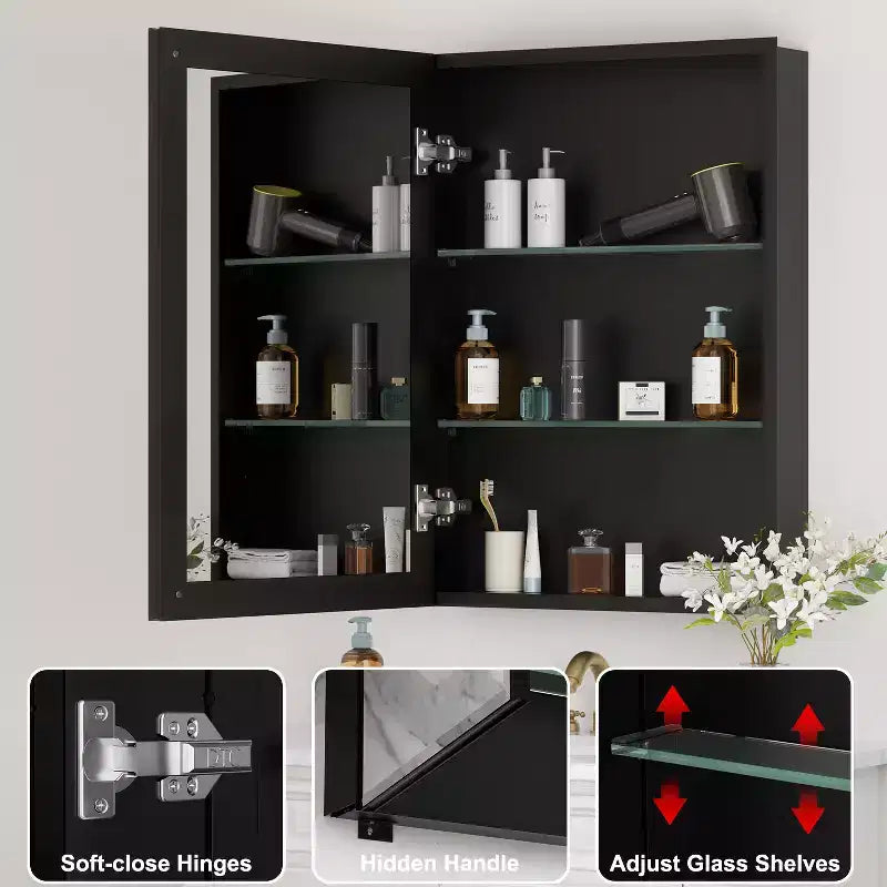 Bathroom Medicine Cabinet with Beveled Mirror Recessed or Wall Mount and Adjustable Tempered Glass Shelves in Black