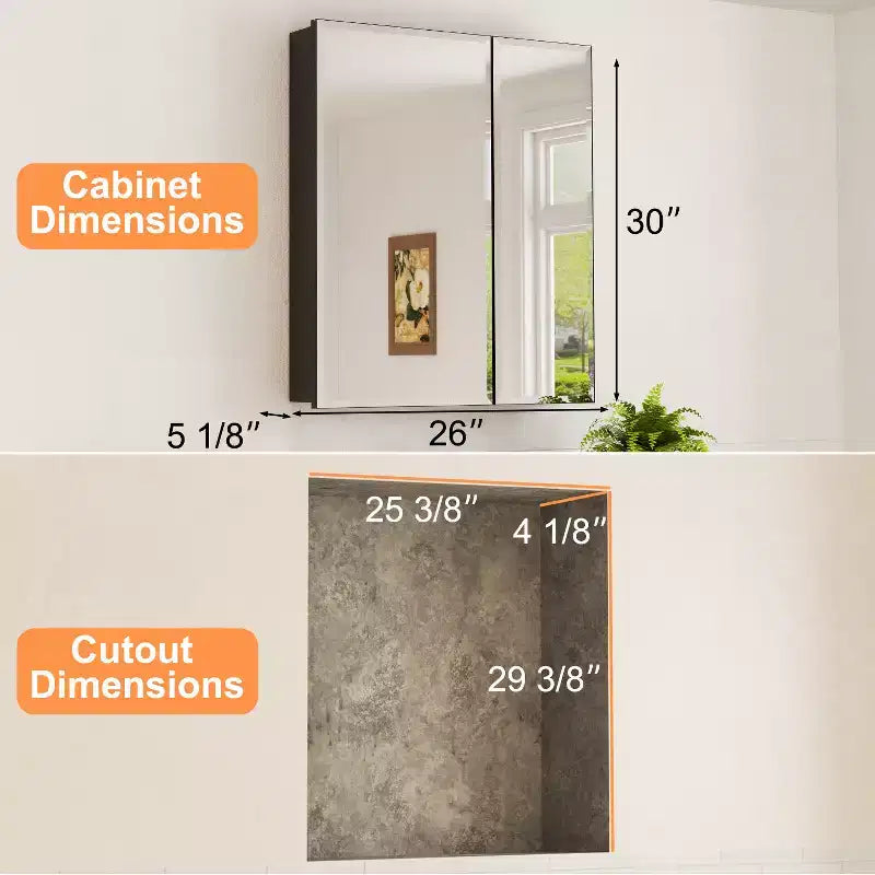 Bathroom Medicine Cabinet with Beveled Mirror Recessed or Wall Mount and Adjustable Tempered Glass Shelves in Black