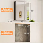Armoire à pharmacie de salle de bain avec miroir biseauté, encastrée ou murale, et étagères réglables en verre trempé, noire