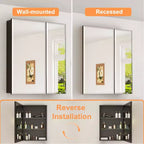 Armoire à pharmacie de salle de bain avec miroir biseauté, encastrée ou murale, et étagères réglables en verre trempé, noire