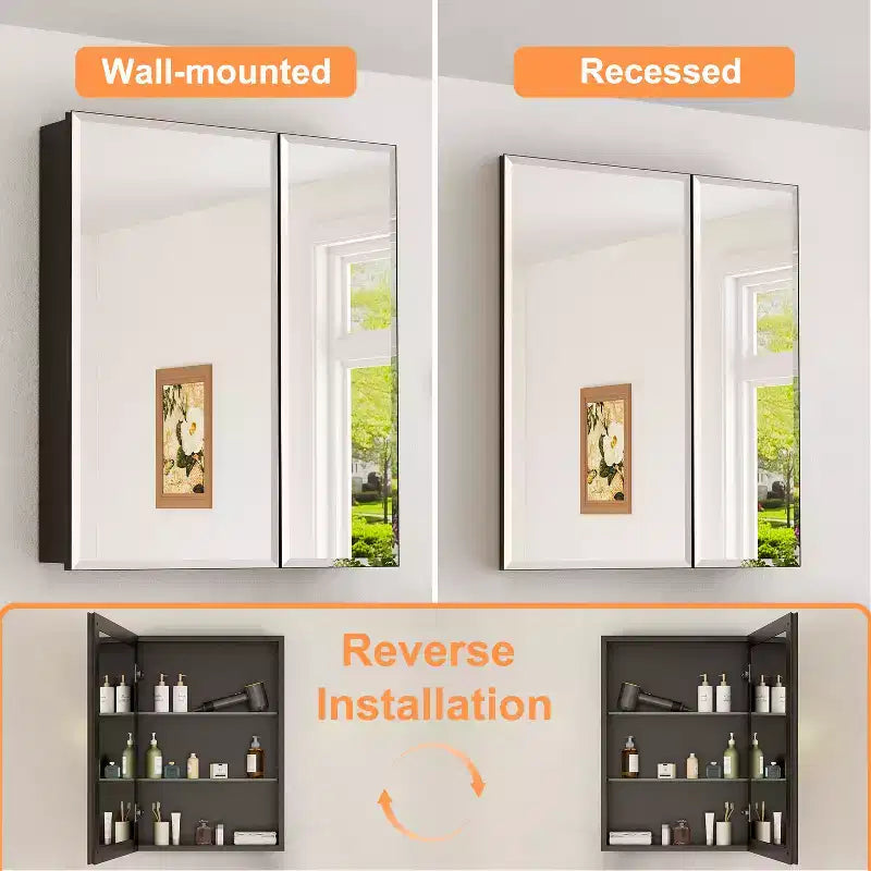 Bathroom Medicine Cabinet with Beveled Mirror Recessed or Wall Mount and Adjustable Tempered Glass Shelves in Black