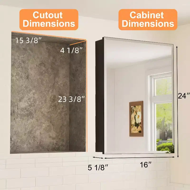 Bathroom Medicine Cabinet with Beveled Mirror Recessed or Wall Mount and Adjustable Tempered Glass Shelves in Black