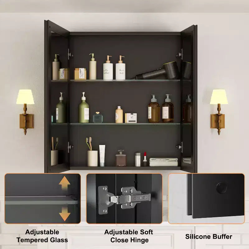 Bathroom Medicine Cabinet with Beveled Mirror Recessed or Wall Mount and Adjustable Tempered Glass Shelves in Black