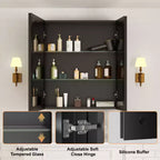 Armoire à pharmacie de salle de bain avec miroir biseauté, encastrée ou murale, et étagères réglables en verre trempé, noire